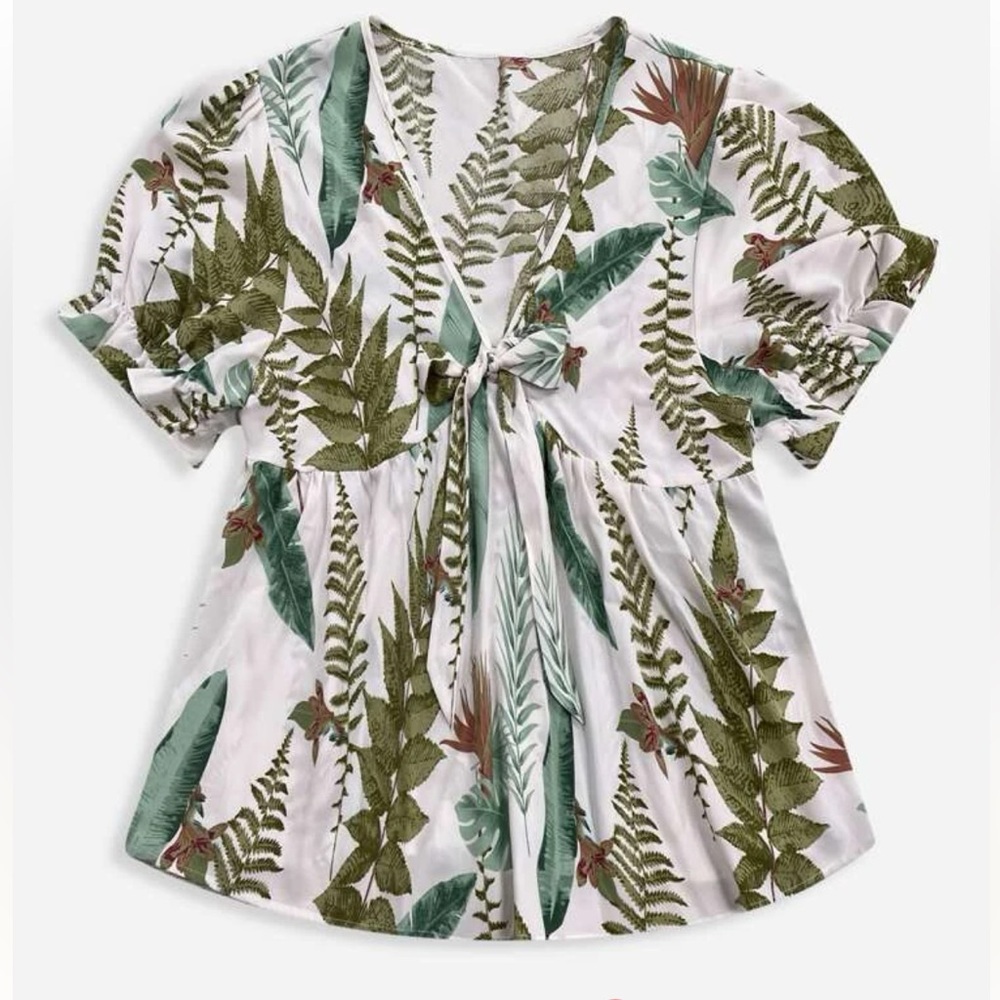 Print Knot Front Puff Sleeve Blouse